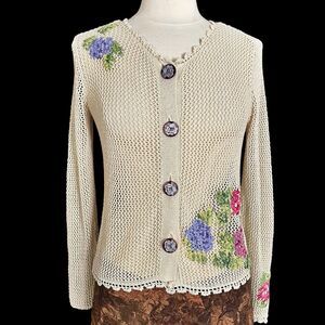 J. Jill Crochet Embroidered Cardigan Sweater Sz S Linen Blend Ivory Boho Coastal
